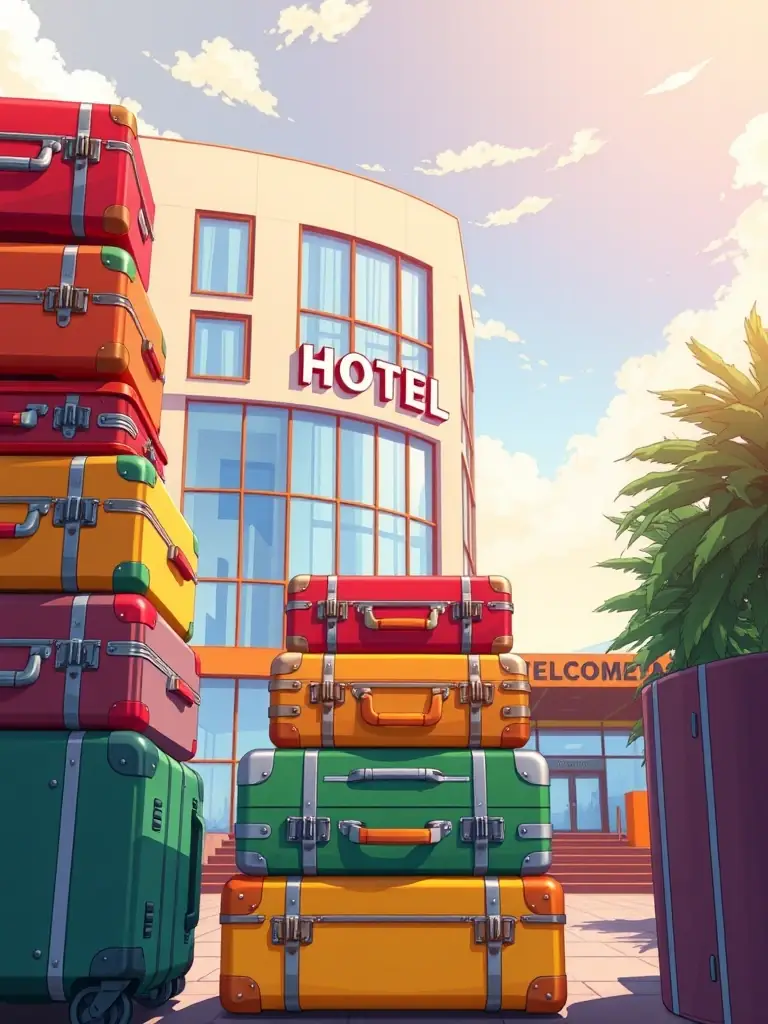 A brightly colored cartoon illustration of a stack of suitcases with a hotel building in the background, representing hotel booking services offered by FlyMeow.