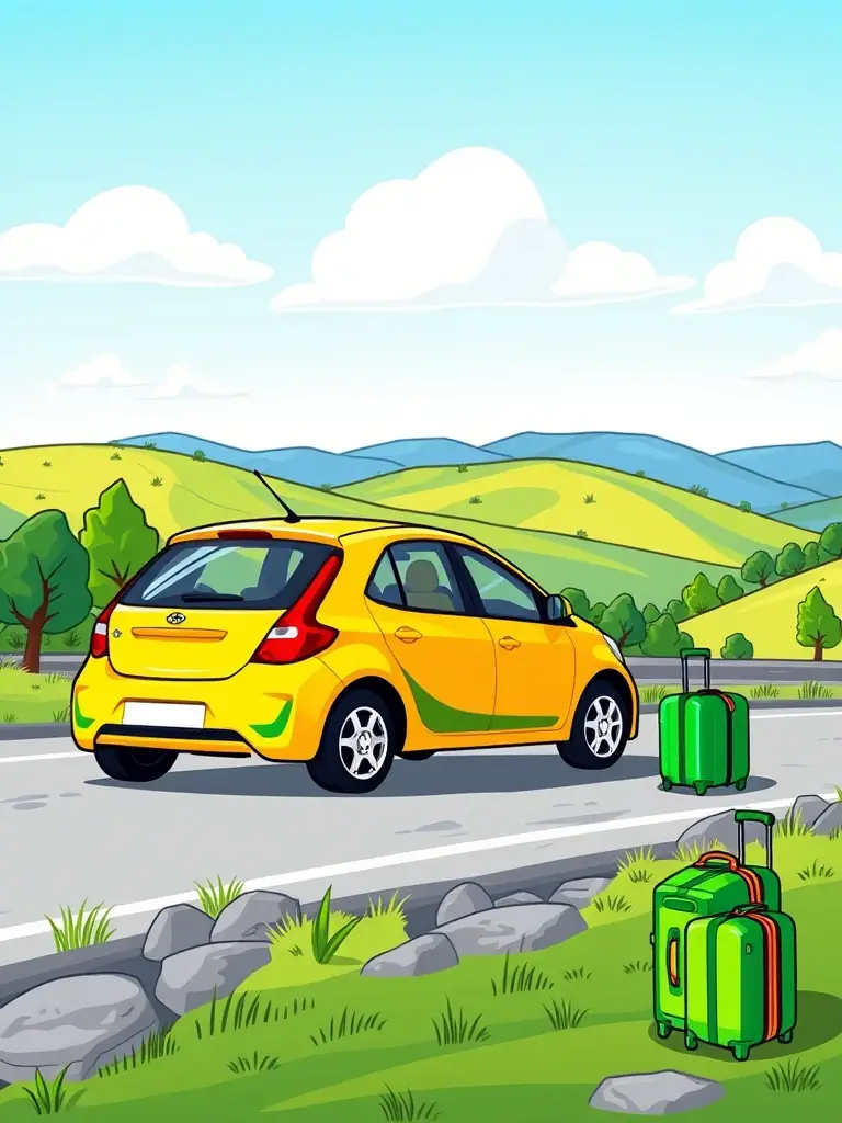 A vibrant cartoon depiction of a rental car parked in front of a scenic landscape, suggesting car rental options available through FlyMeow.