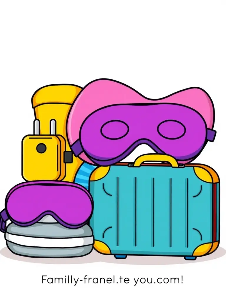 A cheerful cartoon graphic of various travel accessories like a neck pillow, eye mask, and travel adapter, indicating travel essentials available for purchase.