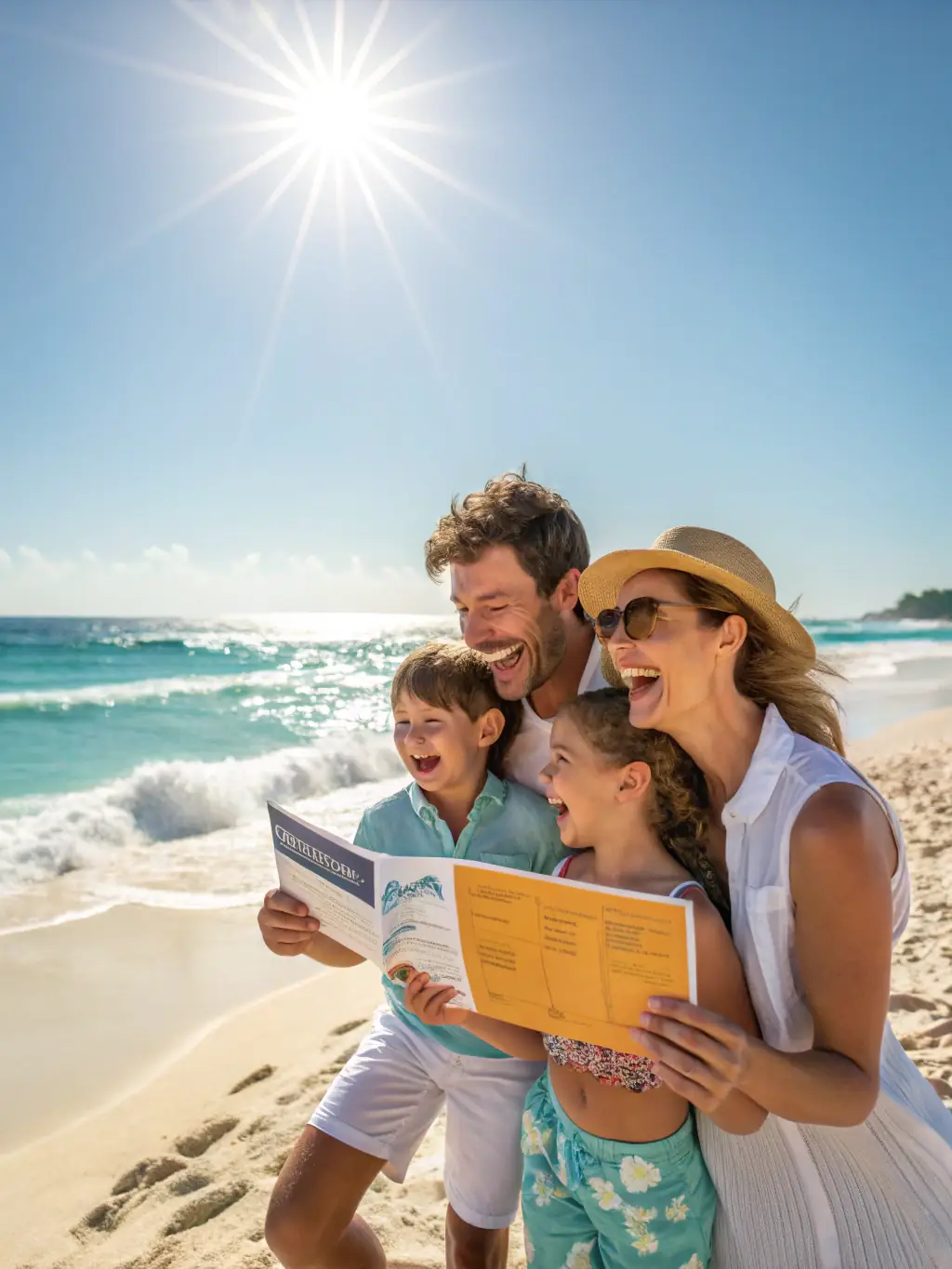 A cartoon image of a family happily receiving travel insurance documents, with a globe and airplane in the background, symbolizing comprehensive travel protection.